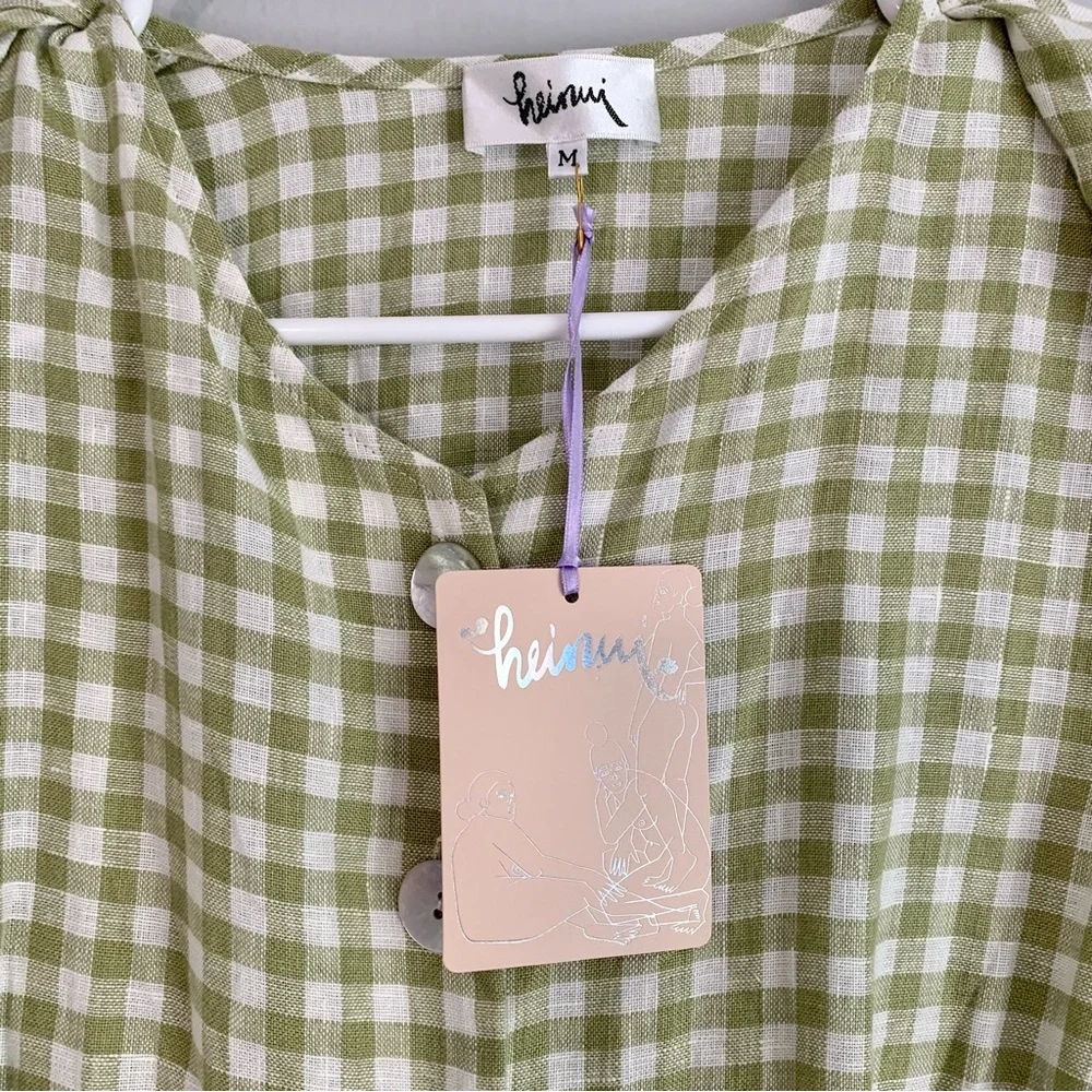 Heinui Nana Wrap Dress in Green Gingham Linen - Picture 6 of 6